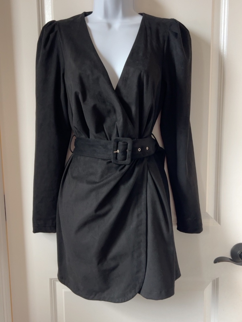 Zara Black Faux Suede Belted Wrap Mini Dress Size Small